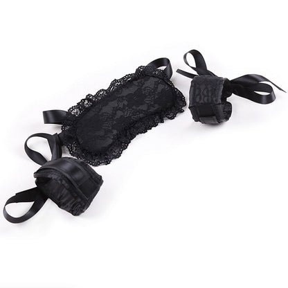 Soft Bondage Set — Black Lace Blindfold & Padded Wrist Cuffs with Satin Ties
